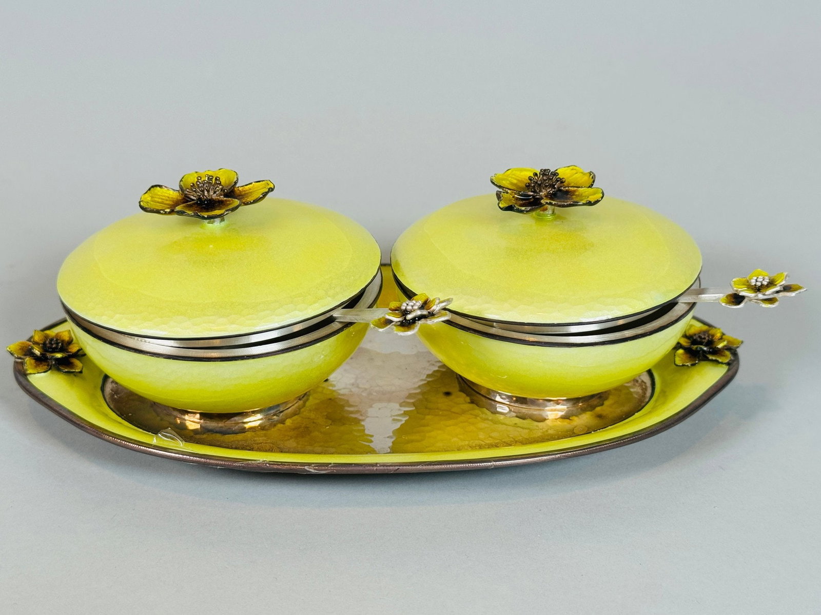 Asian .990 Silver And Guilloche Double Condiment Set With Matching Tray And Spoons: accentuated with ** flower finial all items stamped on under side: SILVER 99% OZT: 20.54 (gross)