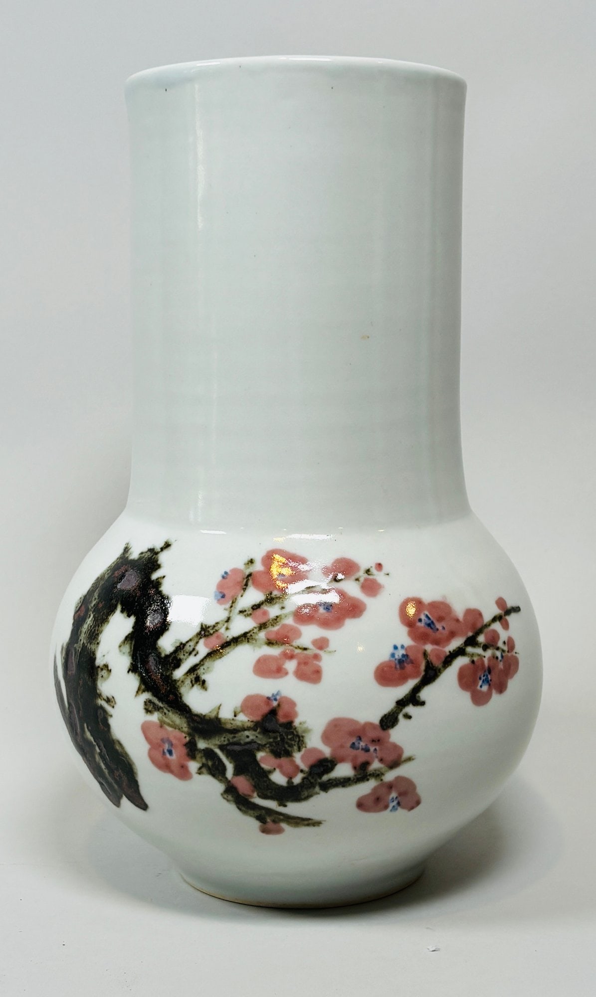 Glazed Ceramic Vase With Flowering Cherry Branch, C. Mid-late 20th Century: Underglaze blue signature under foot Hyeon-am h: 10 x dia: 6 inches
