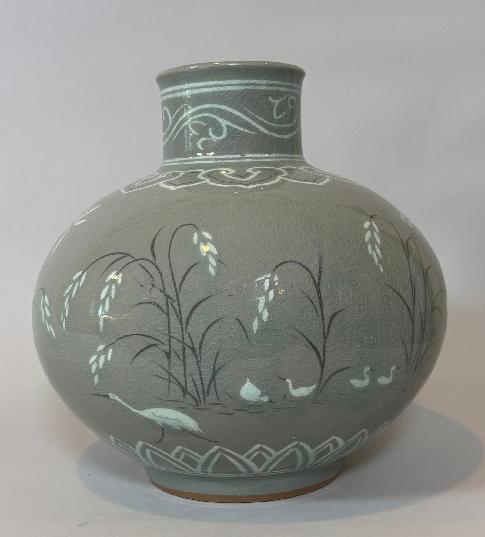 Korean Inlaid Celadon Ceramic Vase With Crane And Ducks By Water, Incised Signature Under Base 20th: incised signature under base and sticker underfoot h: 10 x dia: 10 inches