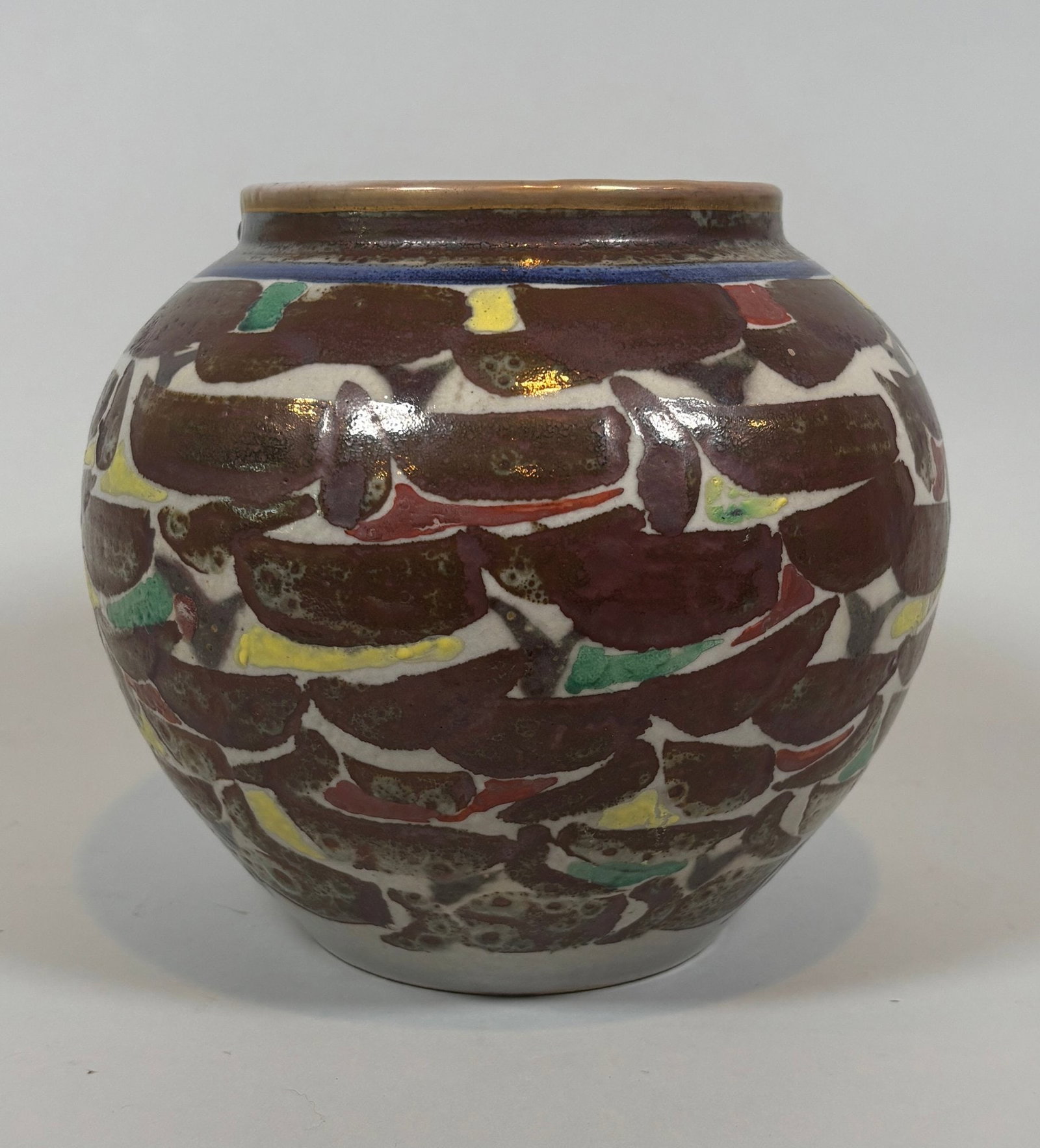 Kim Jae-Seok (Korean, 1916AAA1987), Exhibition Studio Art Ceramic Jar, C.1980: Stylized polychrome designs overall signed under foot and retaining gallery labels h: 7 3/4 x dia: 8 1/2 inches PROVENANCE: Purchased by current owner directly from Kim Jae-Seok's Invitational Ex