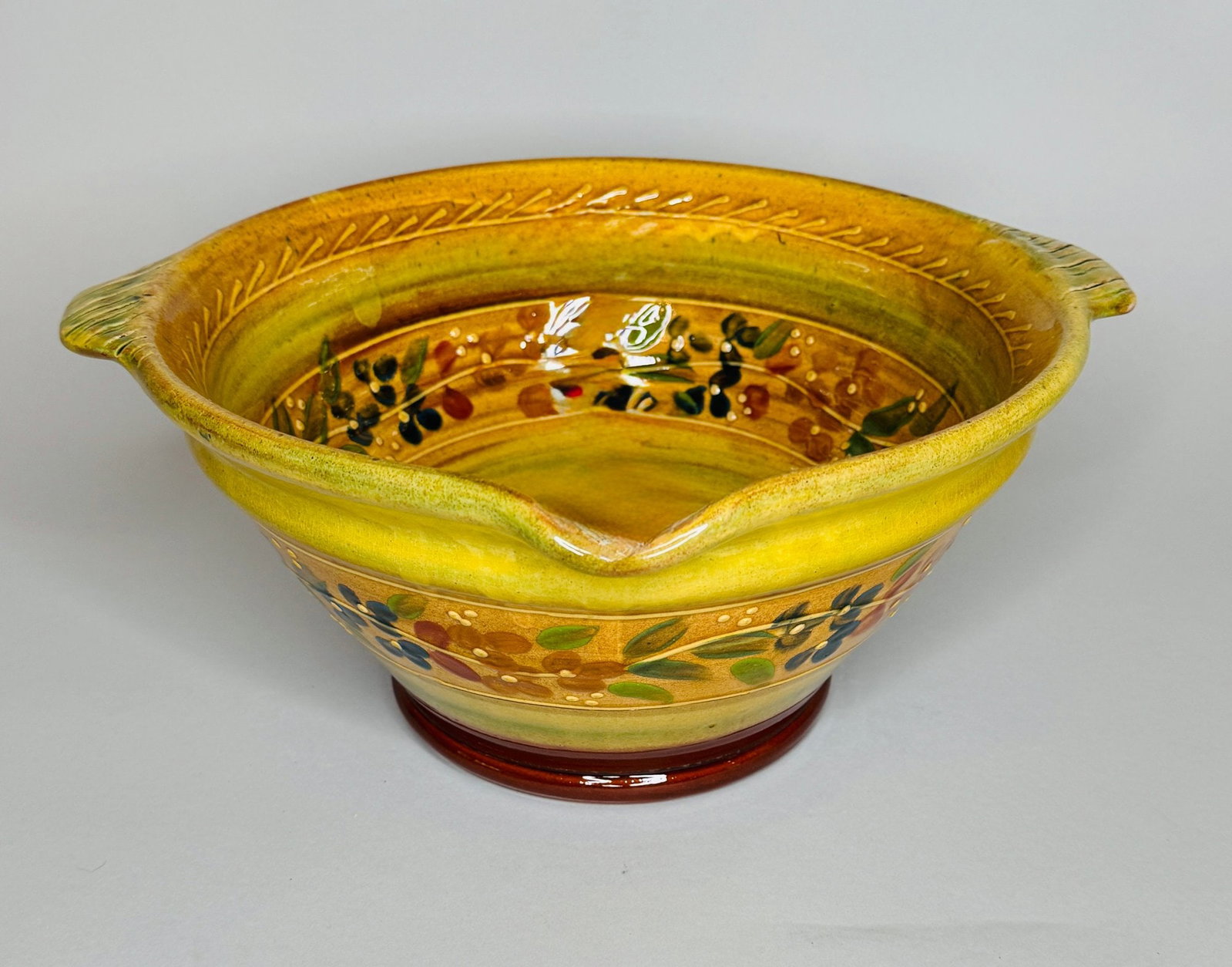 Terre E Provence Mixing Bowl With Pouring Spout And Side Handles, France: Stamped on bottom H: 5 1/2 x w: 12 1/4 x d: 11 inchesCONDITION: excellent