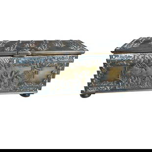Cast Iron Casket Box: Antique Cast Iron Casket Box with 1219 Battle of Lyndanisse Relief – Hinged LidA richly detailed historical artifact, this antique cast iron casket box features an intricate relief scene of the