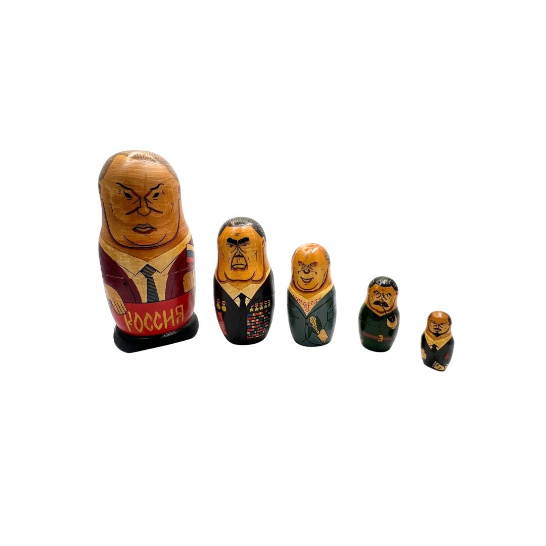 Matryoshka doll: Hand-Painted Russian Matryoshka Nesting Doll Set – Caricatured Political LeadersThis unique hand-painted Matryoshka doll set offers a satirical take on 20th-century and early 21st-century Russian po