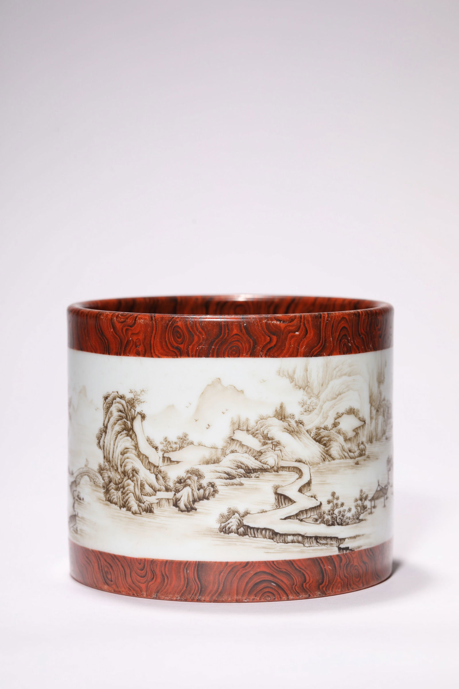 YONGZHENG WOOD-GRAIN GLAZE AND LANDSCAPE PORCELAIN BRUSH POT (1 of 13)