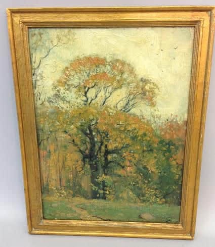 HERMANN DUDLEY MURPHY, AUTUMN LANDSCAPE, OIL ON CANVAS: Dimensions: Sight size: 16 in. (40.6 cm) x 12 in. (30.5 cm); Overall size: 18 in. (45.7 cm) x 14 in. (35.6 cm). All measurements are approximate. For more information on and additional videos for this