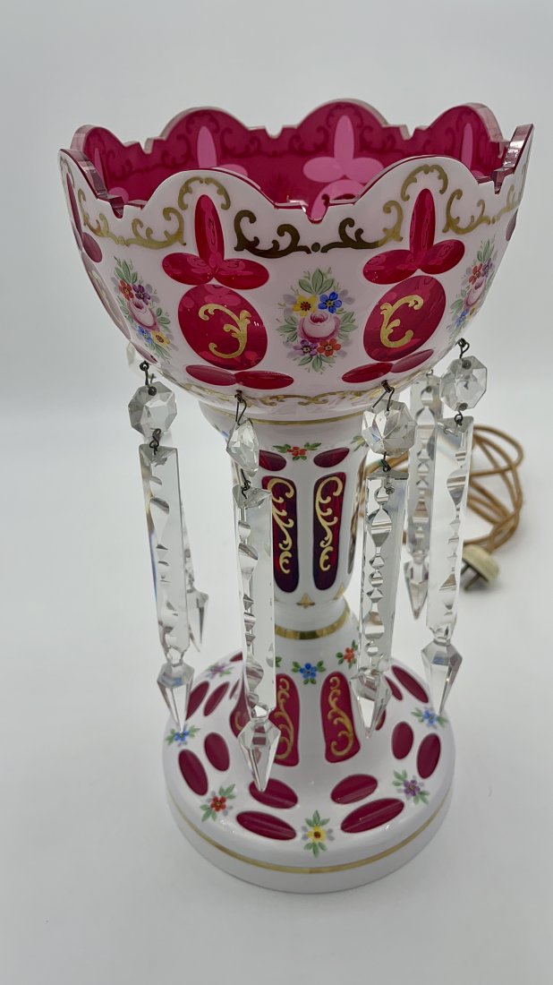 Vintage bohemian mantle lusters lamp I Cased glass and enamel decorated vintage lamp I accent lamp: This vintage lustre lamp with gold accents will be the perfect addition to any home, space, or even as a nostalgic gift.Shipping fee category: ShipE= $60 CAD for USA & CANADA ONLY