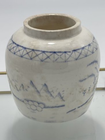Antique Chinese Ginger Jar I Vintage ginger jar I Blue and white landscape ginger jar I antique jar: This antique ginger jar Chinese from the 19th century is decorated with a continuous landscape that features pagodas and mountains in blue tones. This jar will be the perfect addition to any home, spa