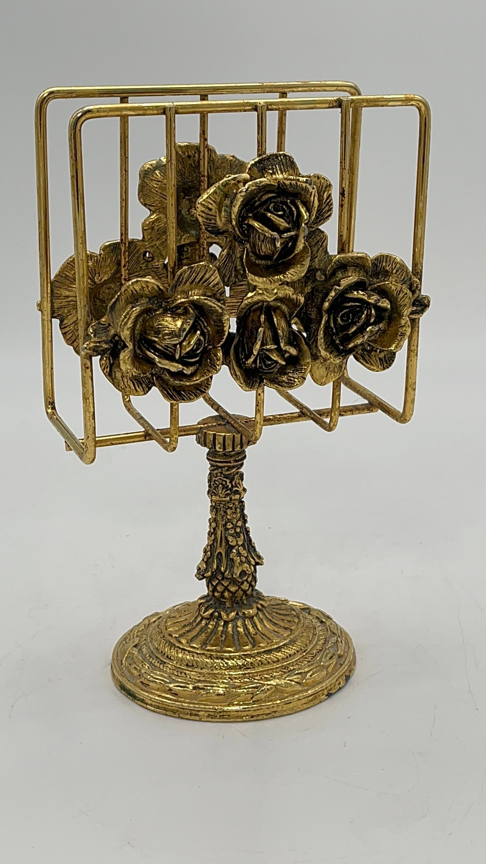 Vintage Ormolu Brass Roses Embossed Pedestal Napkin Holder I Towel Holder I Floral Letter Holder: This stunning Ornate Napkin Holder will be the perfect addition to any home, space, or even as a nostalgic gift.Shipping fee category: ShipB= $30 CAD for USA & CANADA ONLY