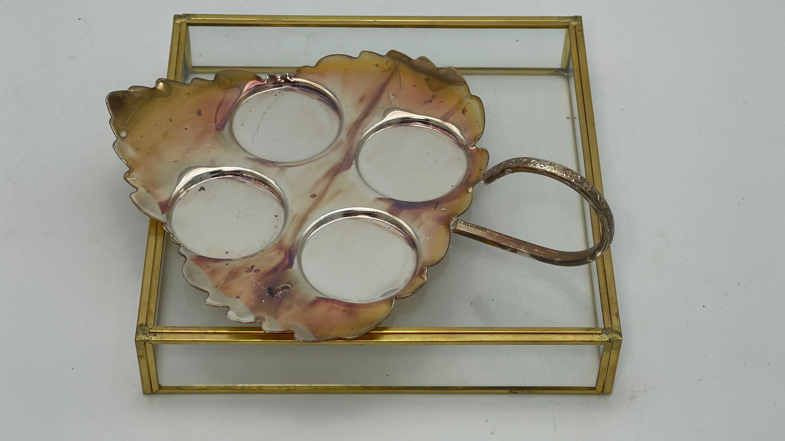 Vintage ENGLAND leaf shaped condiment server with handle || vintage platter | salt-pepper-mustard (1 of 8)