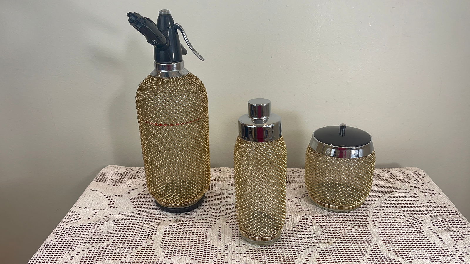 Vintage Made in Czechoslovakia glass & gold meshed seltzer bottle - ice bucket & cocktail shaker (1 of 10)