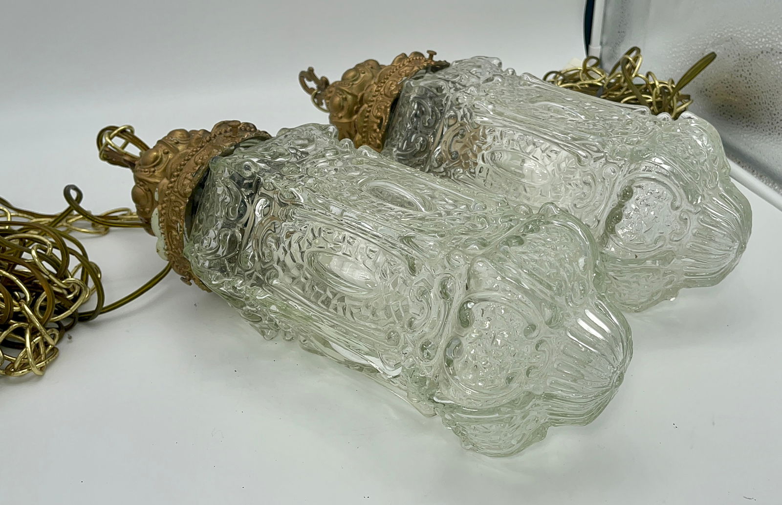 Two vintage glass ceiling lamps with brass pendants I Clear Glass Porch Style Lights I Pendant lamps (1 of 18)