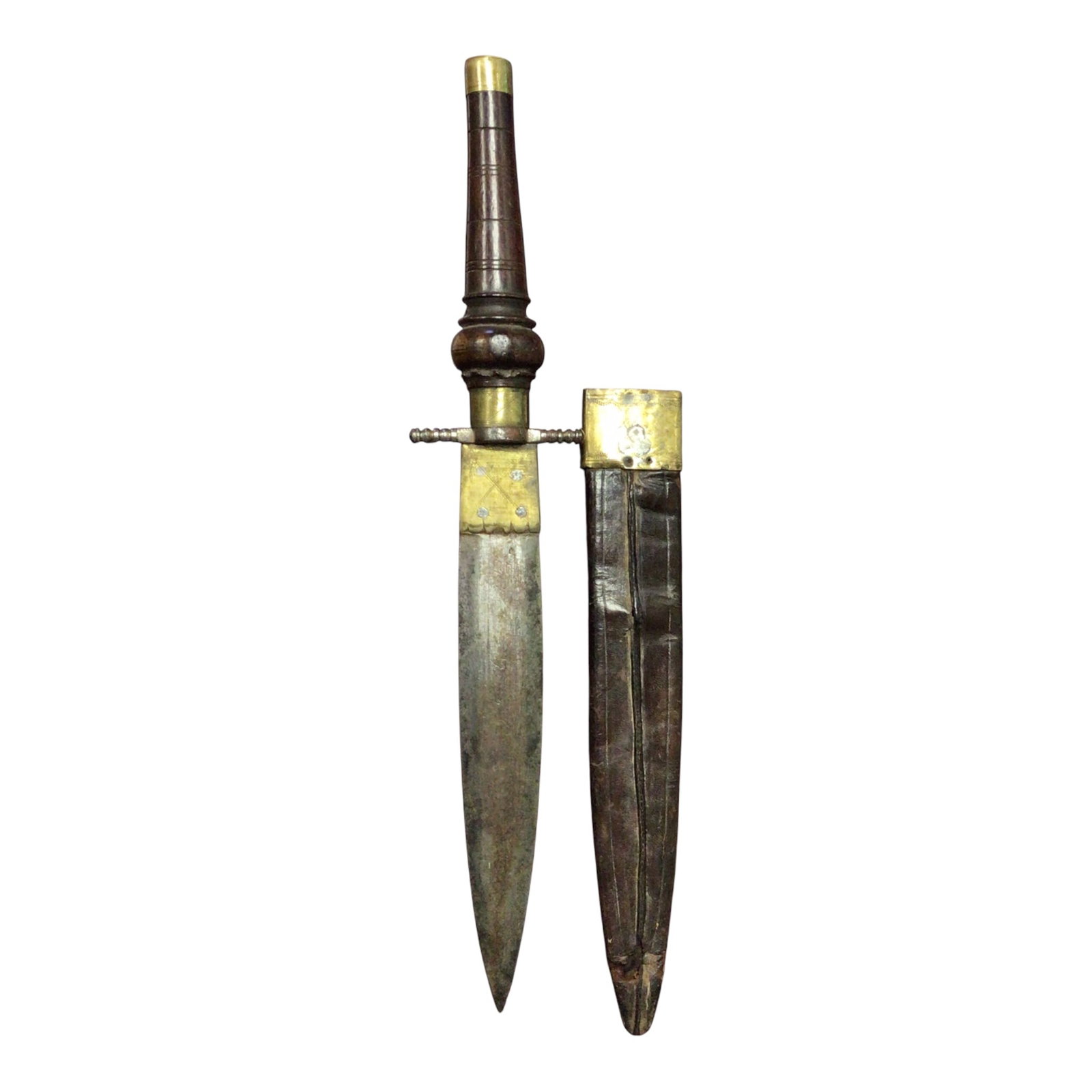 Spanish Plug Bayonet Early 19th Century with Original Leather Scabbard: An early 19th-century Spanish Plug Bayonet, complete with its original leather scabbard, this weapon is a striking example of military innovation of the era. Designed to be inserted directly into a mu