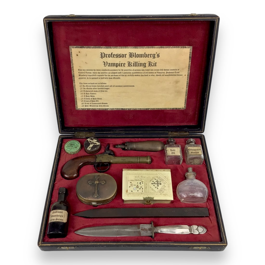 Fantastic Vampire Hunting Kit 19th Century: A rare and complete 19th-century Vampire Hunting Kit, attributed to Professor Blomberg, a name often linked to such relics of gothic folklore and superstition, features all the necessary tools to comb