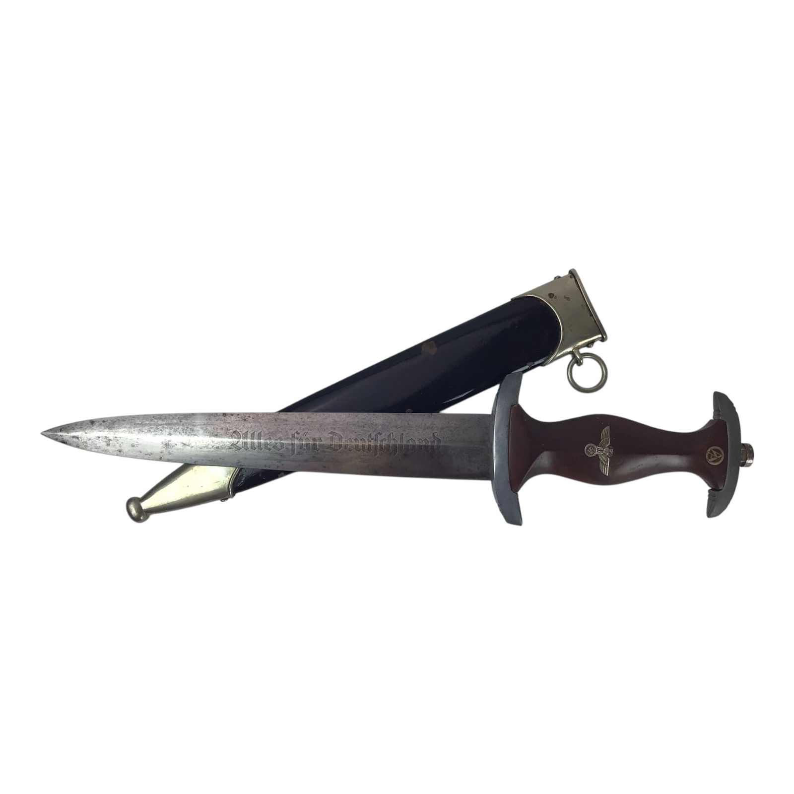 German WW2 Third Reich SA NSKK Dagger with Sheath: This original Third Reich NSKK Dagger features the coveted "RZM M7/13" (Arthur Schüttelhöfer) maker-mark on the nickel-plated steel blade, exhibiting a gray patina, runner marks, and freckling throu