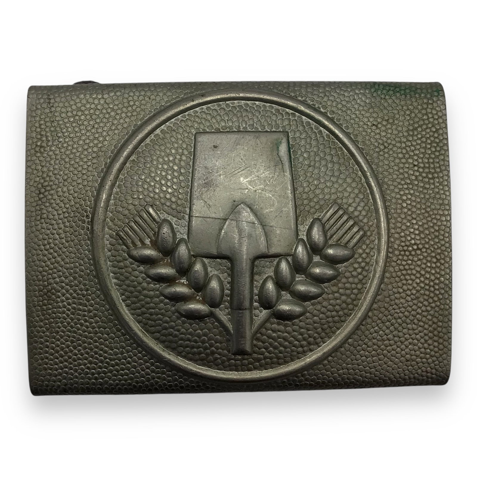German WW2 EM/NCO R.A.D. Reich Labor Service Aluminum Belt Buckle - Vet Bringback Souvenier: An early Reich Labor Service (R.A.D.) enlisted men’s/NCO Belt Buckle, crafted from pebbled aluminum and retaining its original design features. The Reichsarbeitsdienst (R.A.D.), or Reich Labor Servi