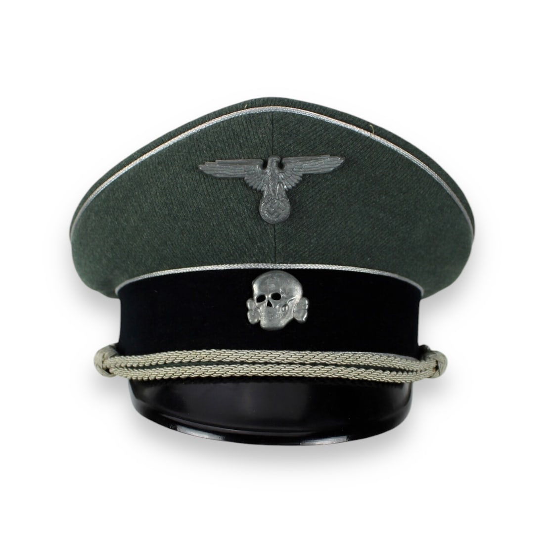 German WW2 Waffen SS Allgemeine Officer Peaked Visor: A rare and highly desirable Waffen-SS Officer’s Peaked Visor, constructed from field-grey wool with a black velvet band and white piping. It retains both its original and highly sought-after SS Skul