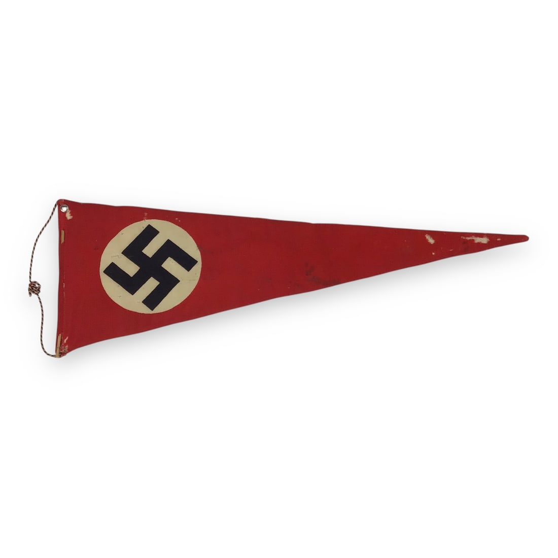 German WW2 Early NSDAP Insignia Pennant Flag with National Colors Cord: A WW2-era early NSDAP Insignia Pennant Flag, featuring the Nazi party emblem and original national colors cord. This flag exhibits age-related wear, including some moth nips, but remains a rare surviv