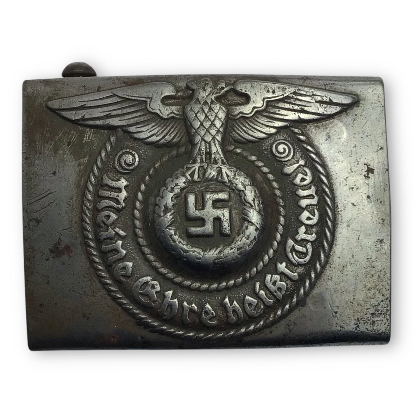 German WW2 Waffen SS EM/NCO Steel Belt Buckle Stamped RODO Combat Worn: This WW2 German Waffen SS EM/NCO Steel Belt Buckle is a rare and highly sought-after piece, marked “RODO” (Robert C. Dold, Offenberg) on the reverse. Manufactured for Waffen SS personnel, this