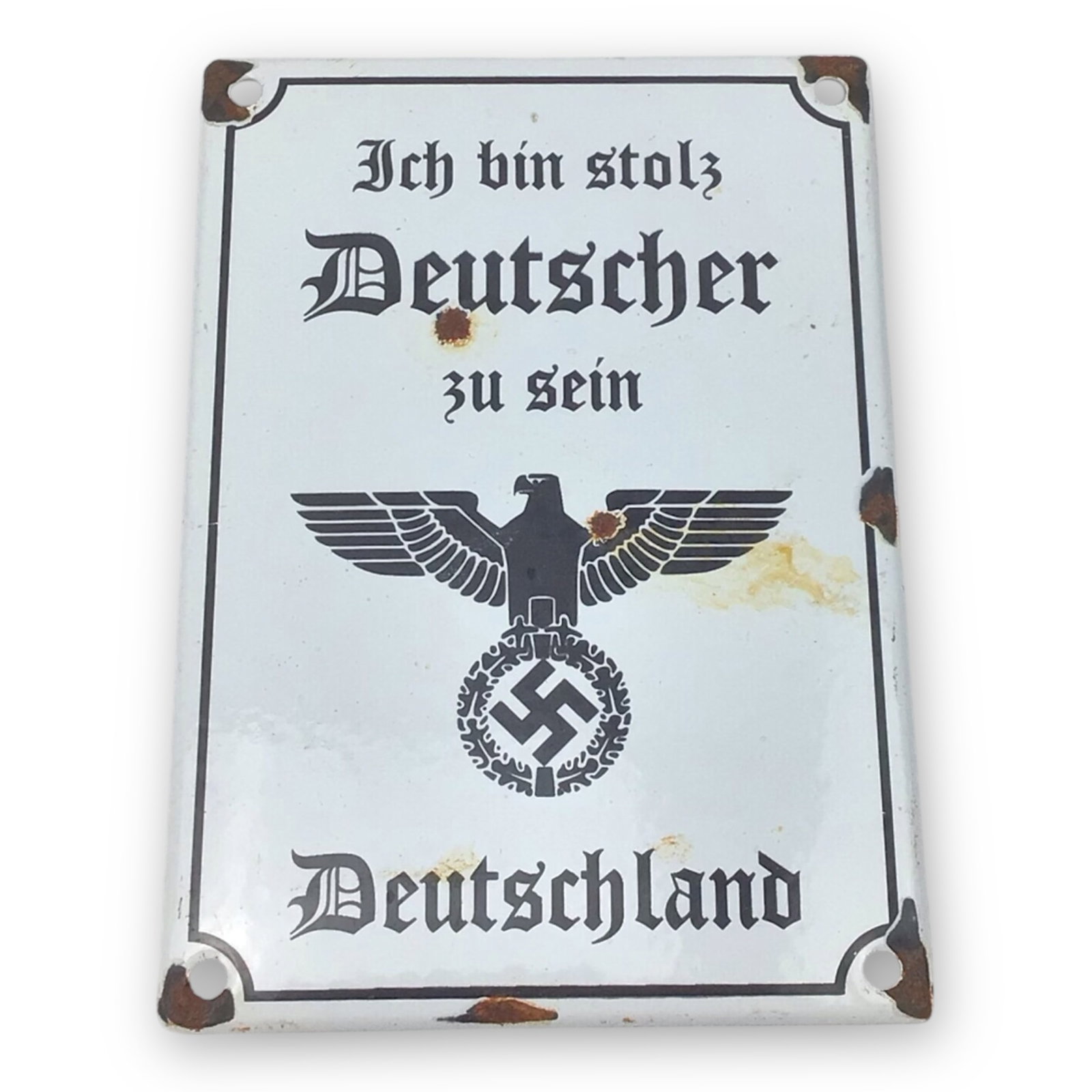 German WW2 “I Am Proud to Be a German Porcelain Wall Plaque: A rare NSDAP-era propaganda Porcelain Plaque, reading in German"ICH BIN STOLZ DEUTSCHER ZU SEIN DEUTSCHLAND" translating to PROUD TO BE A GERMAN in English. This piece exhibits wear consistent with be