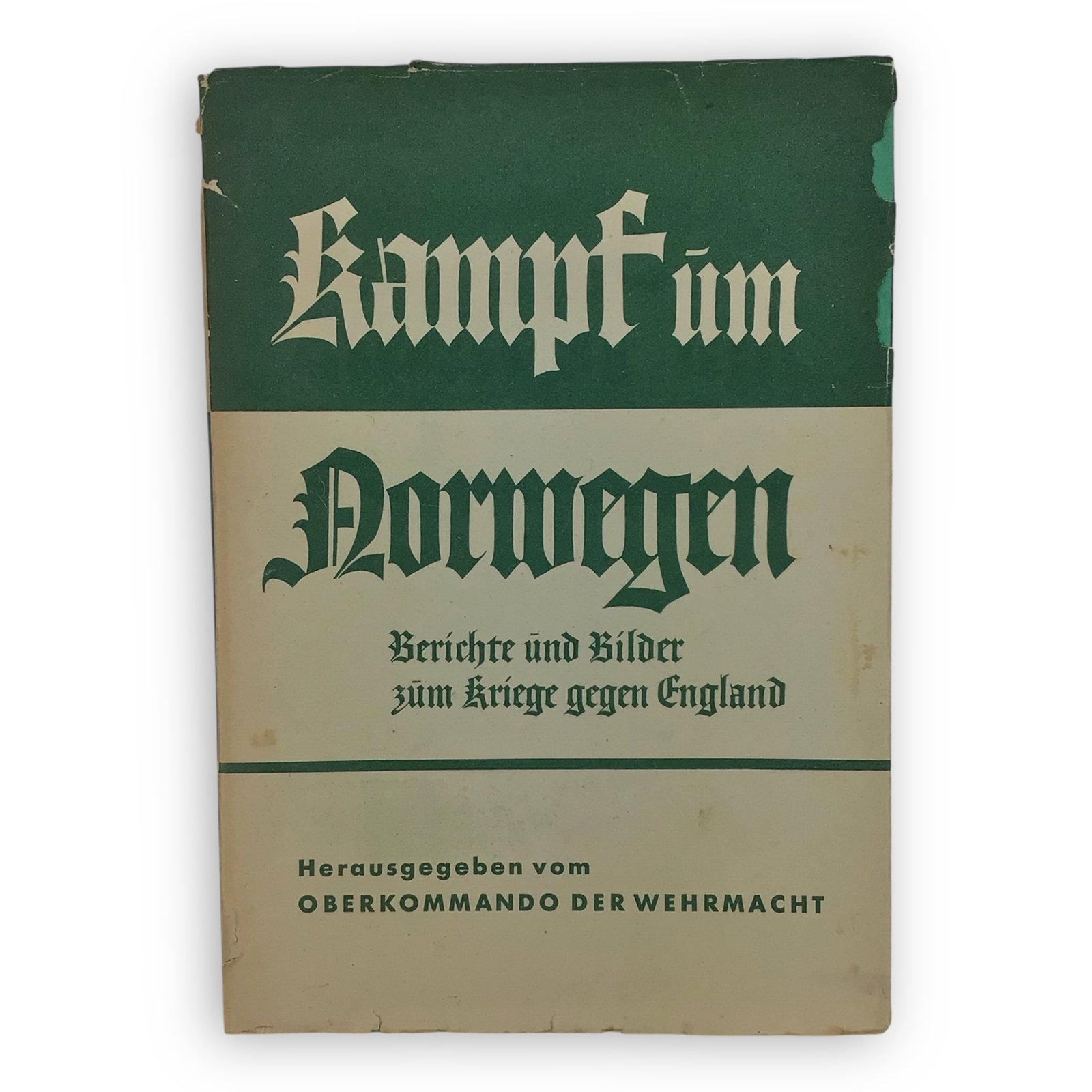 German WW2 "Kampf um Norwegen" (1940): Kampf um Norwegen (Battle for Norway) is a German propaganda book published in 1940, detailing the German invasion of Norway. It features reports, photographs, and strategic maps edited by the Oberkom