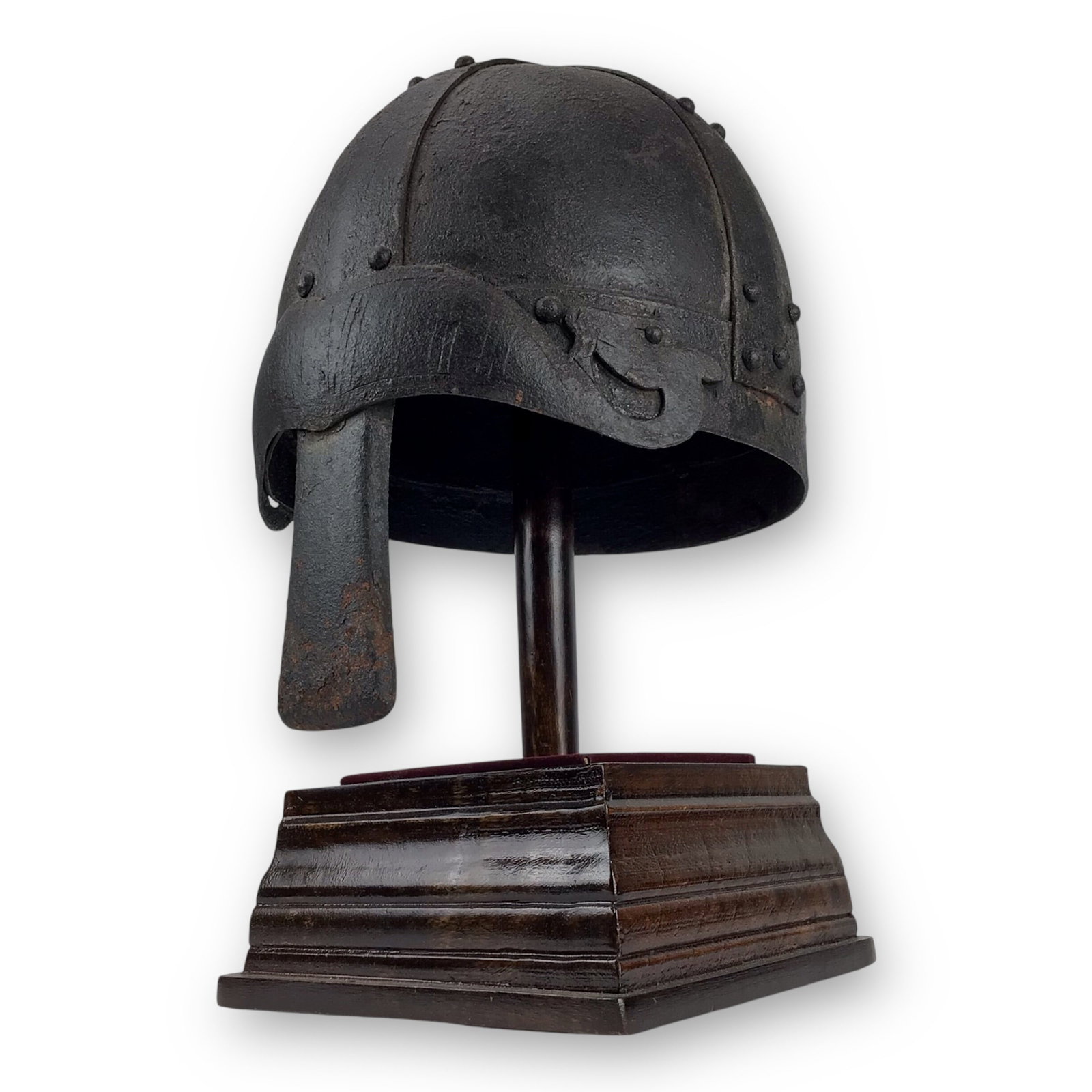 Rare Viking-to-Crusader Era Riveted Nasal Helmet w/ Stylized Finials | 9-13thc.: A rare example of a heavy nasal helmet constructed from strong riveted iron plates and featuring a distinctive downturned nose guard and stylized deer head finials. The eyebrow-style brow plate adds a