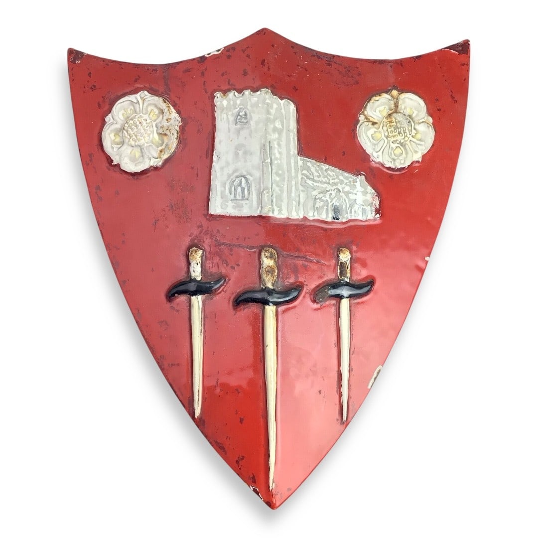 Possibly 16th Century Spanish Heraldic Crest - Castle, Daggers, and Floral Motifs on Red Ground: This striking heraldic crest, likely originating in 16th-century Spain, is believed to have been mounted on a castle or noble estate wall and is very heavy! The design features a vivid red background