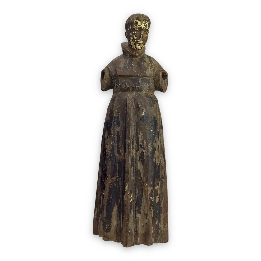 17th-Century Large Wooden Carved Altar Statue - Saint Francis (Missing Arms): This large, striking altar statue of Saint Francis dates to the 1600s and was likely created for a church interior or mission altar in Southern Europe or colonial Latin America. Despite the missing ar