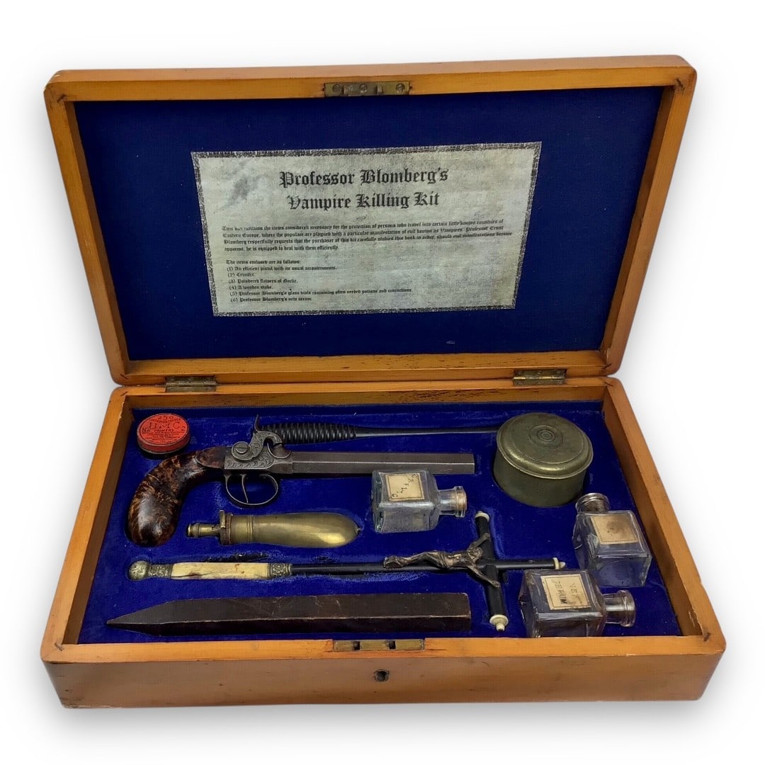 19th Century Vampire Killing Kit of Professor Ernst Blomberg: This remarkable 19th-century vampire killing kit is attributed to the legendary Professor Ernst Blomberg, whose name is synonymous with the most iconic and desirable vampire kits ever produced. The se