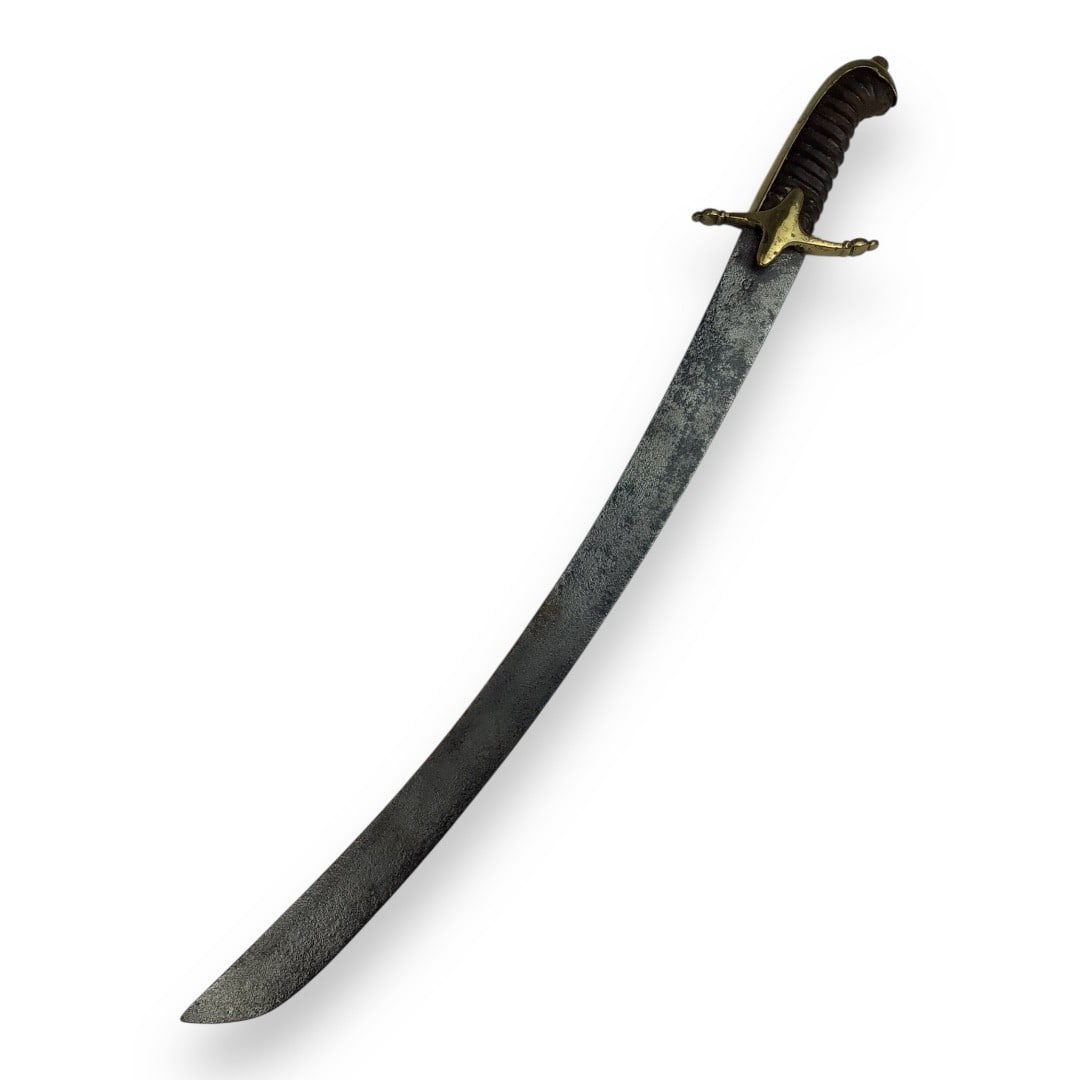 Napoleonic Era Russian or Hungarian Officer's Sword with Brass Mounts: This formidable Napoleonic-era officer's sabre features a wide, deeply curved and massive blade designed for devastating chopping blows, clearly built with power in mind. Measuring approximately 26" o