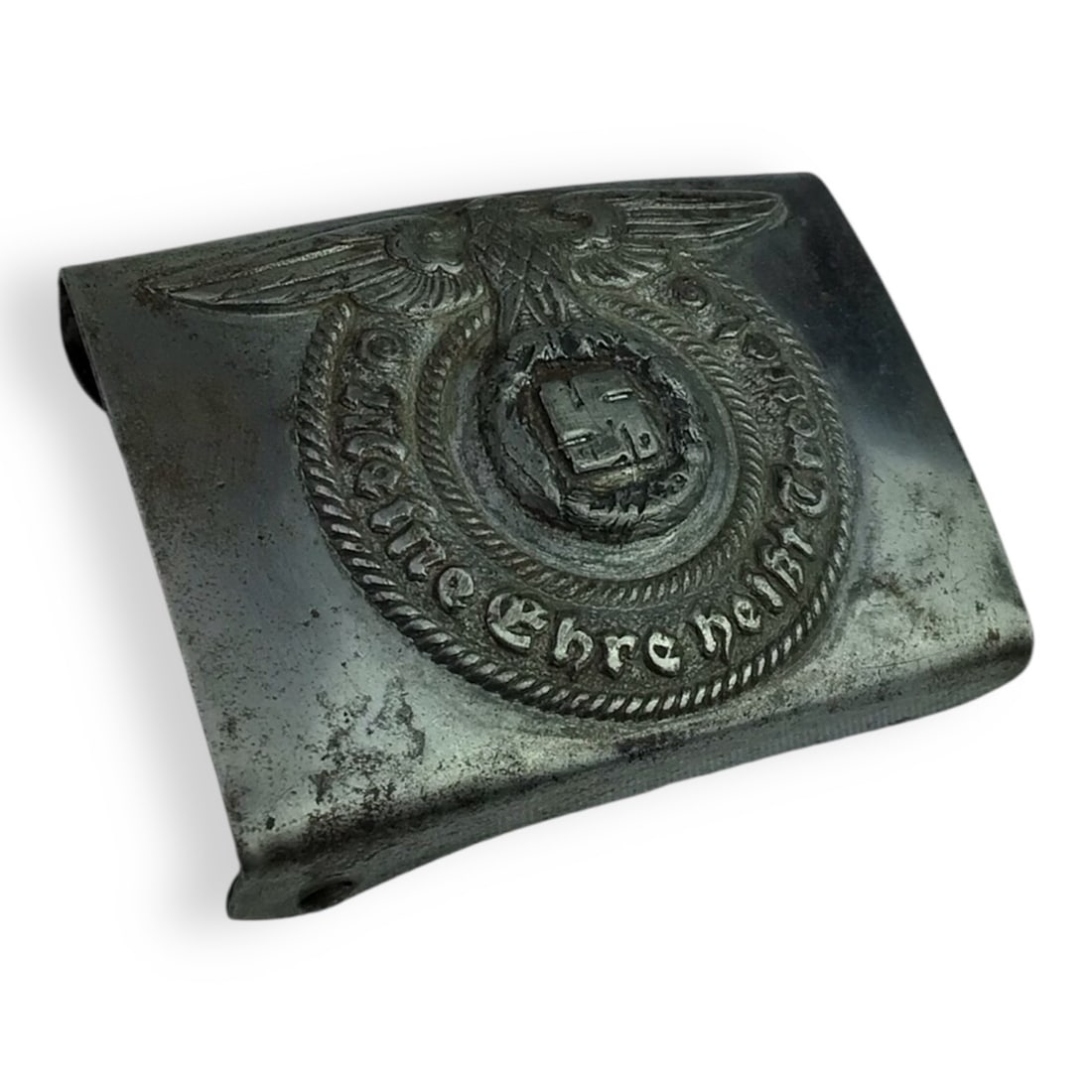 German WW2 Waffen-SS/Allgemeine-SS Enlisted Belt Buckle "Meine Ehre heißt Treue": This original German WW2 SS belt buckle is a classic example of the box-style enlisted man’s (EM/NCO) buckle used by both the Allgemeine-SS and Waffen-SS. Constructed of steel and showing appropriat
