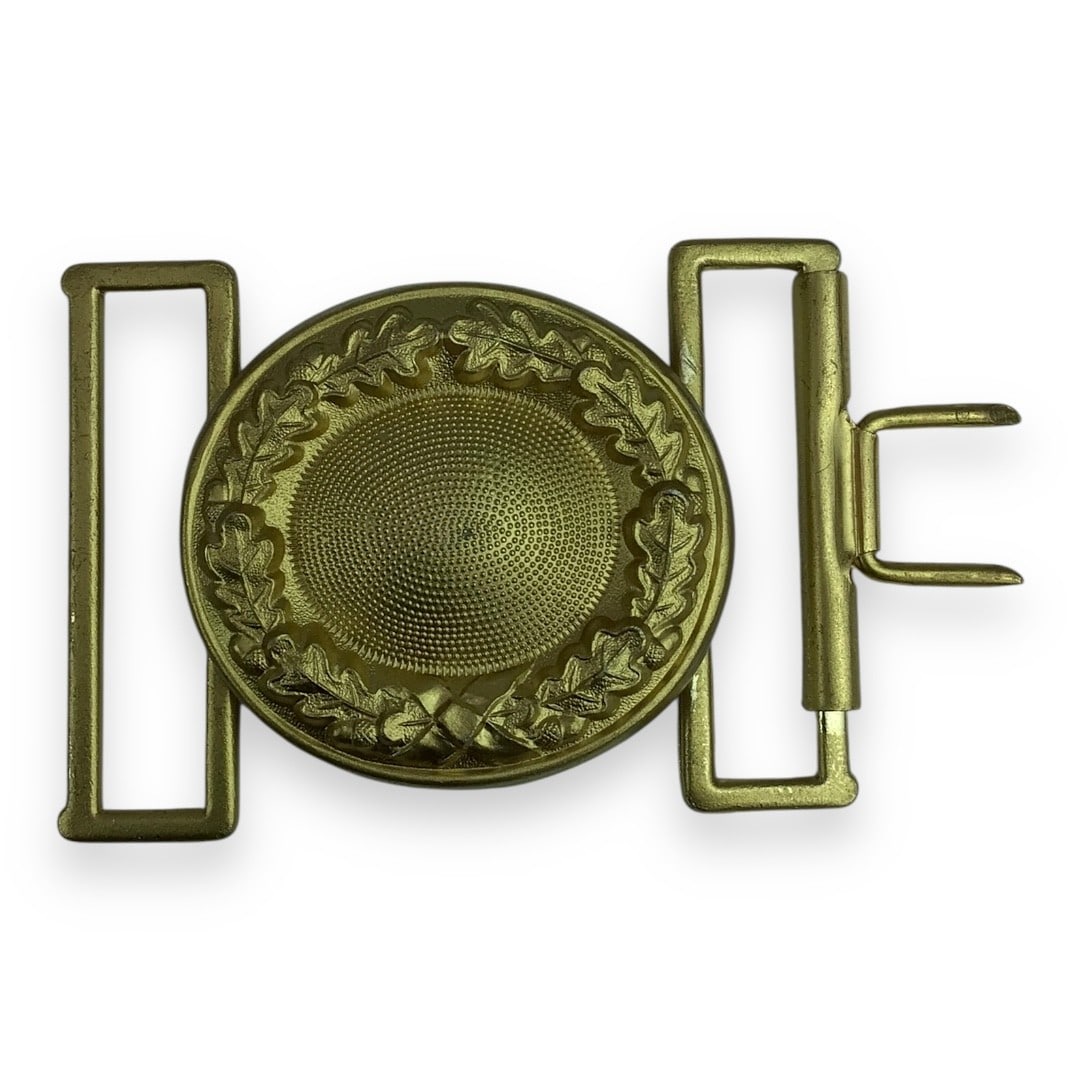 German WW2 Brass Buckle - Two-Piece Construction with Oak Leaf Wreath - Post War: This is a German brass belt buckle of two-piece domed construction featuring a raised oak leaf wreath motif. The design is typical of mid-20th century buckles, but the exact period of origin remains u