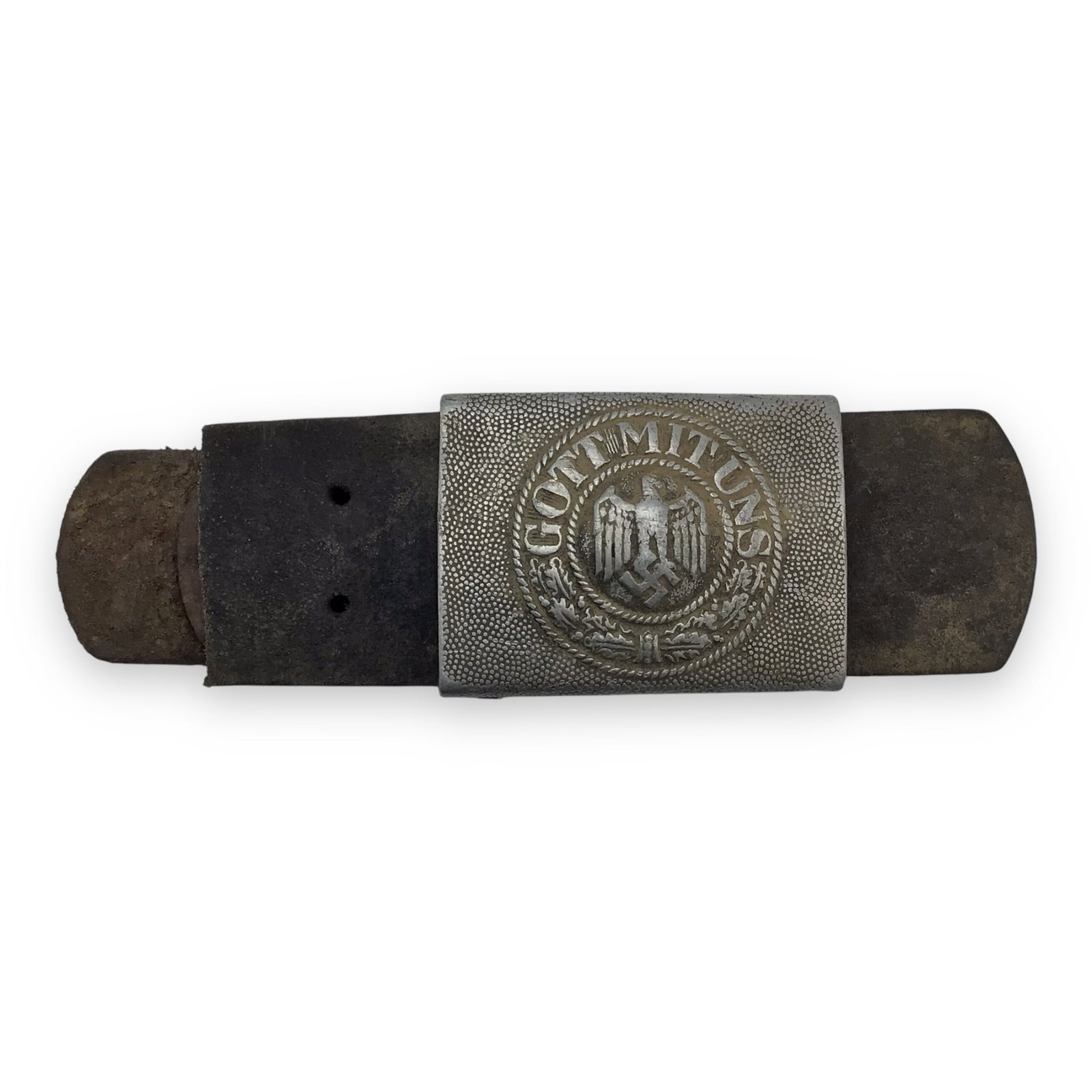 German WW2 EM/NCO Heer Army Aluminum Belt Buckle (Stamped "R.S.& S.") with Vet-Cut Belt - Vet: This early-war German Heer aluminum belt buckle is clearly marked "R.S.&S." for Richard Sieper & Sohne, one of the major producers of Wehrmacht gear. It retains strong detail on the eagle/swastika cre