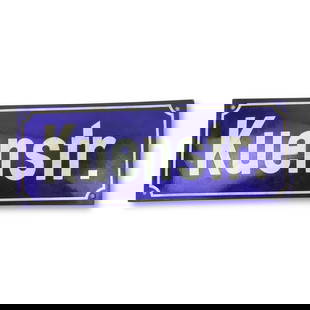 German WW2 Enamel Street Sign – “Kuenstraße" Blue & White Steel Plaque: This is an original WWII-era German street sign reading “Kuenstraße”, constructed from enameled steel with vivid white lettering on cobalt blue ground—a standard format for German municipal