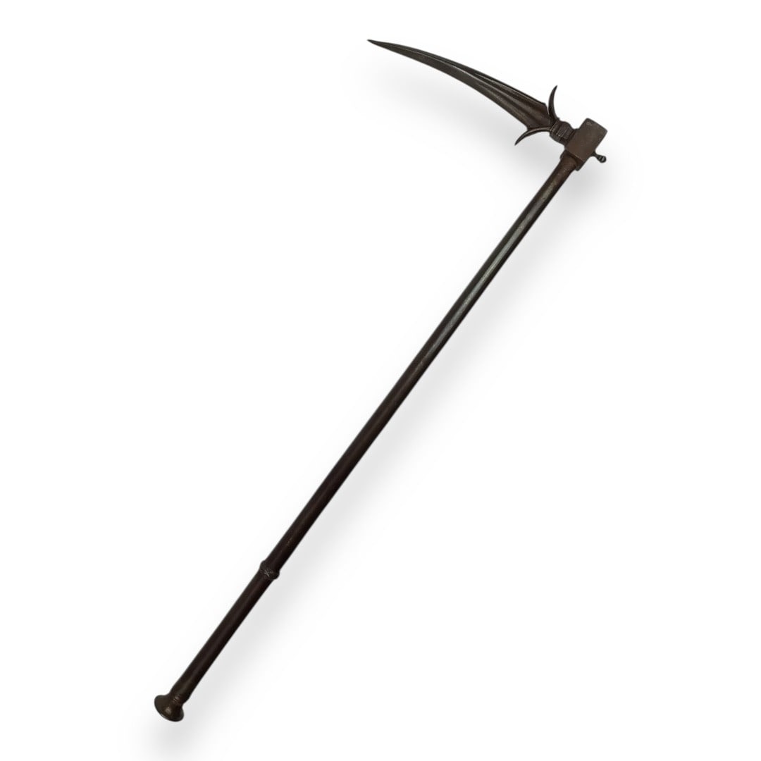 Antique 17th-18th Century Islamic Mughal Indian Warrior Battle Axe: This antique Mughal-era Indian battle axe dates to the 17th-18th century and features an armor-piercing steel blade characteristic of Islamic Indo-Persian weaponry of the period. Measuring approximate