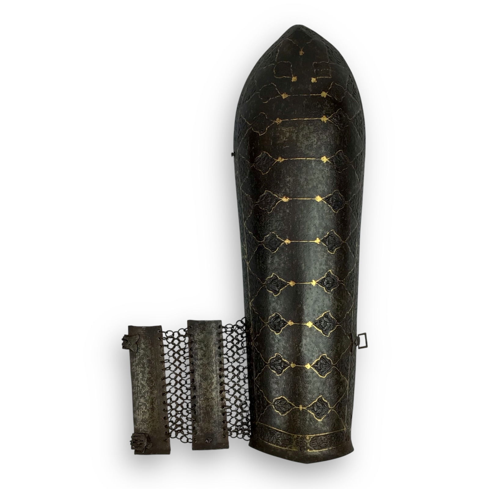 19th Century Indian or Persian Bazu-Band Arm Guard - Gold & Silver Inlay: This finely crafted 19th century Bazu-Band (forearm defense plate) features detailed gold and silver inlay over a blackened iron surface, typical of Persian or Indian ceremonial armor from the Qajar o
