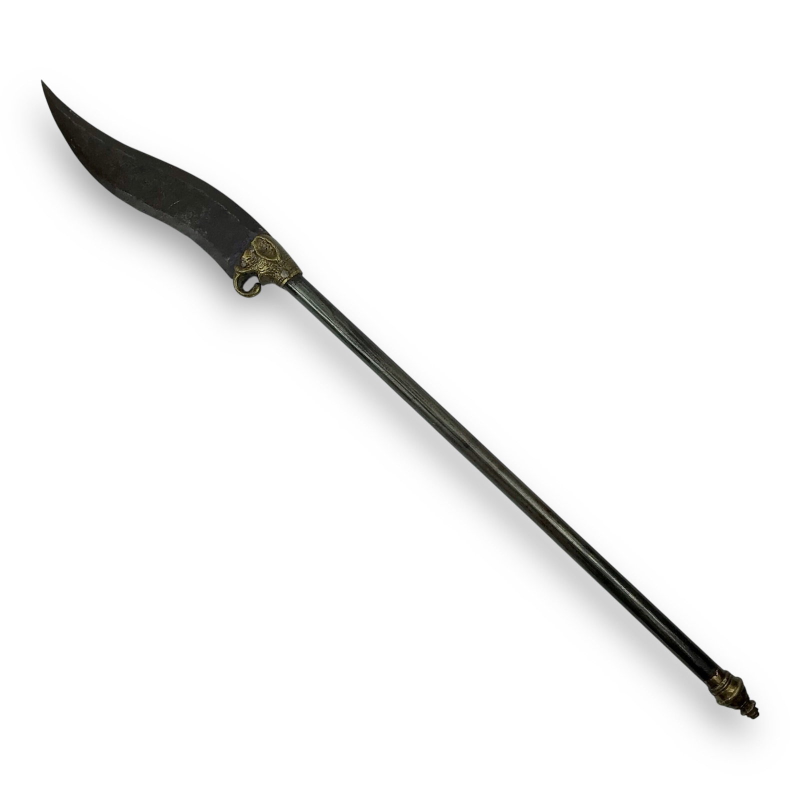 17th-18th Century Indian Mughal Bhuj Kuttai "Elephant Knife" Axe: This rare Indian Bhuj Kuttai, also known as an "elephant knife," dates to the 17th or 18th century and features a sculpted elephant head pommel atop a long-hafted axe-blade construction. Sometimes des