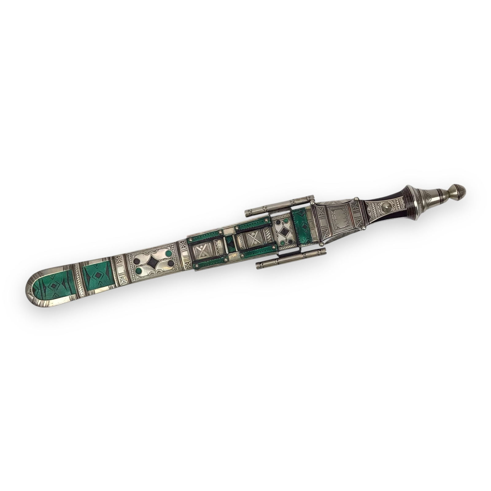 Gorgeous North African 19thC Ornate Tuareg Dagger from Niger Elaborate Hilt and Sheath Maker name: This beautiful North African Tuareg Dagger from Niger is an exquisite example of early African weaponry, featuring a silver-plated blade with intricate geometric patterns and green stone inlays on the
