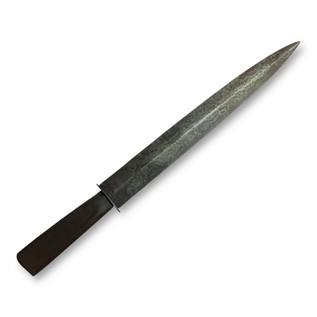 Confederate Civil War Side Knife - "MACON ARSENAL" Marked with Rosette Emblem (14" Blade): This authentic Confederate side knife, often classified as a D-guard or large fighting dagger, features a prominently struck "MACON ARSENAL" mark on one side of the blade and a floral rosette emblem o