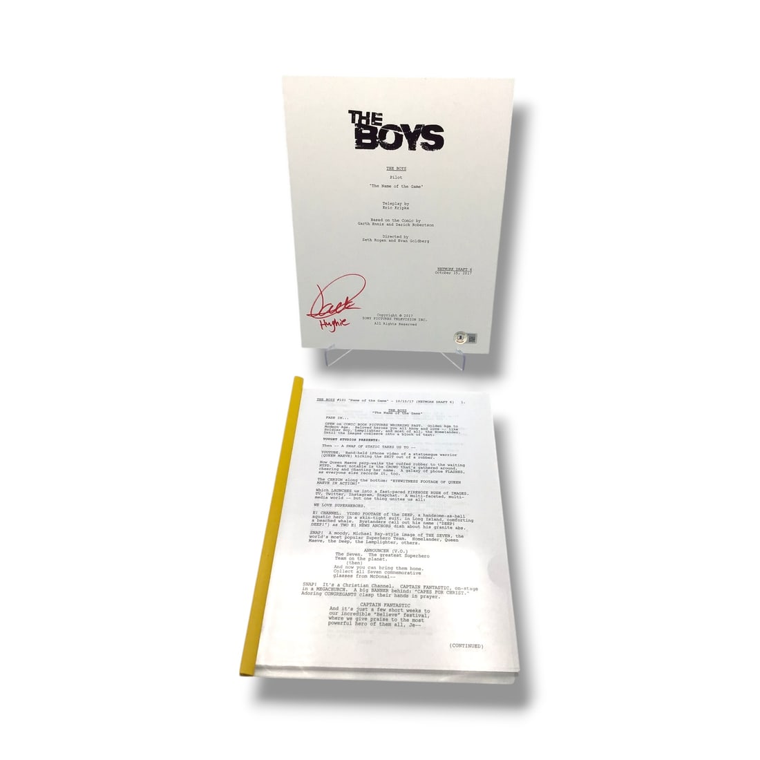 The Boys Script (#101 "Name of the Game") | Signed by Jack Quaid (Beckett Certified): Celebrate the groundbreaking hit series The Boys with this official shooting script for Episode #101, "Name of the Game," personally signed by Jack Quaid, who stars as Hughie Campbell. This collectibl
