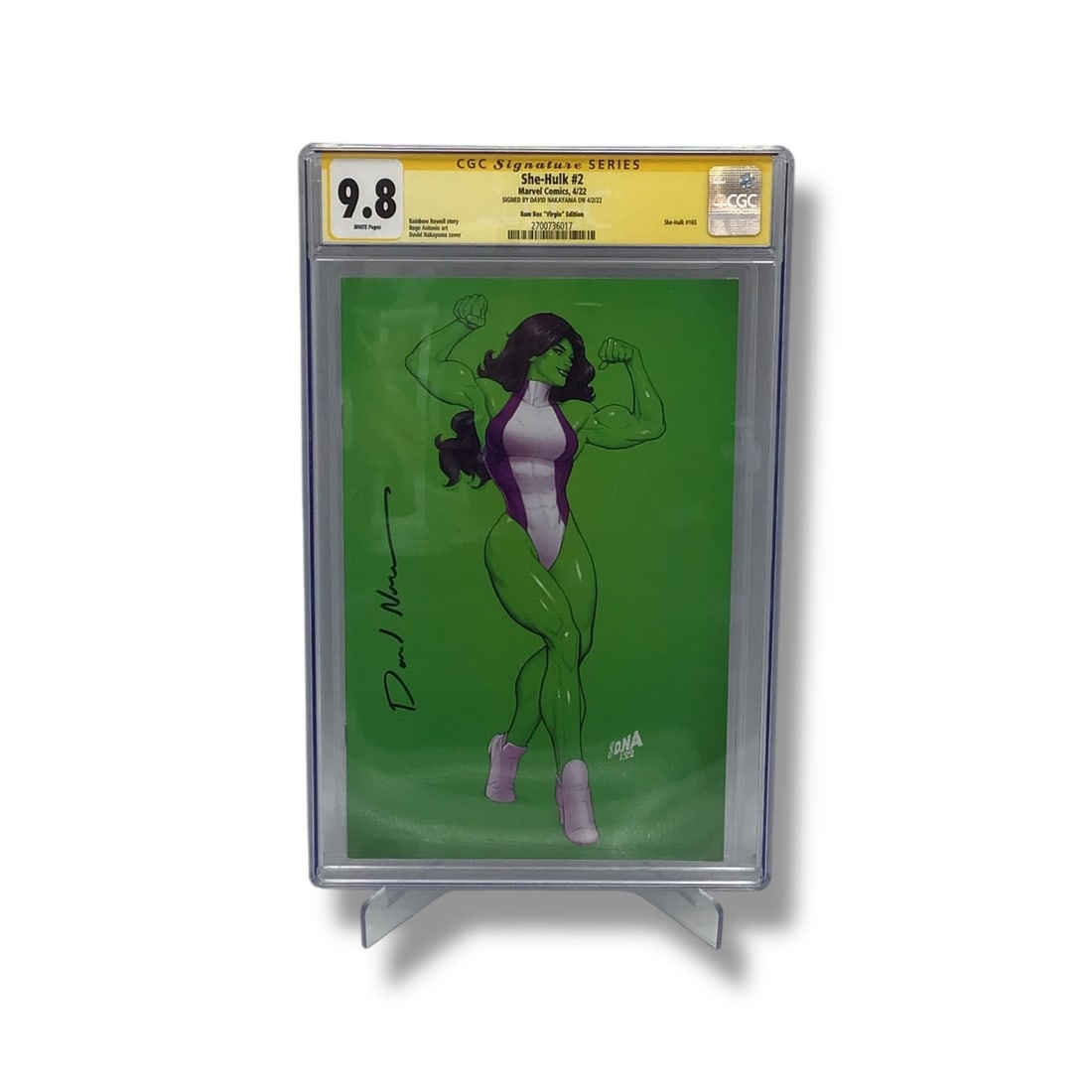 She-Hulk #2 (BAM! Virgin Edition, 2022) | CGC 9.8 | Signed by David Nakayama: This striking Virgin Variant Edition of She-Hulk #2, released in 2022, showcases David Nakayama's fan-favorite artwork in full, uninterrupted by trade dress. Written by Dan Slott with art by Gurihiru,