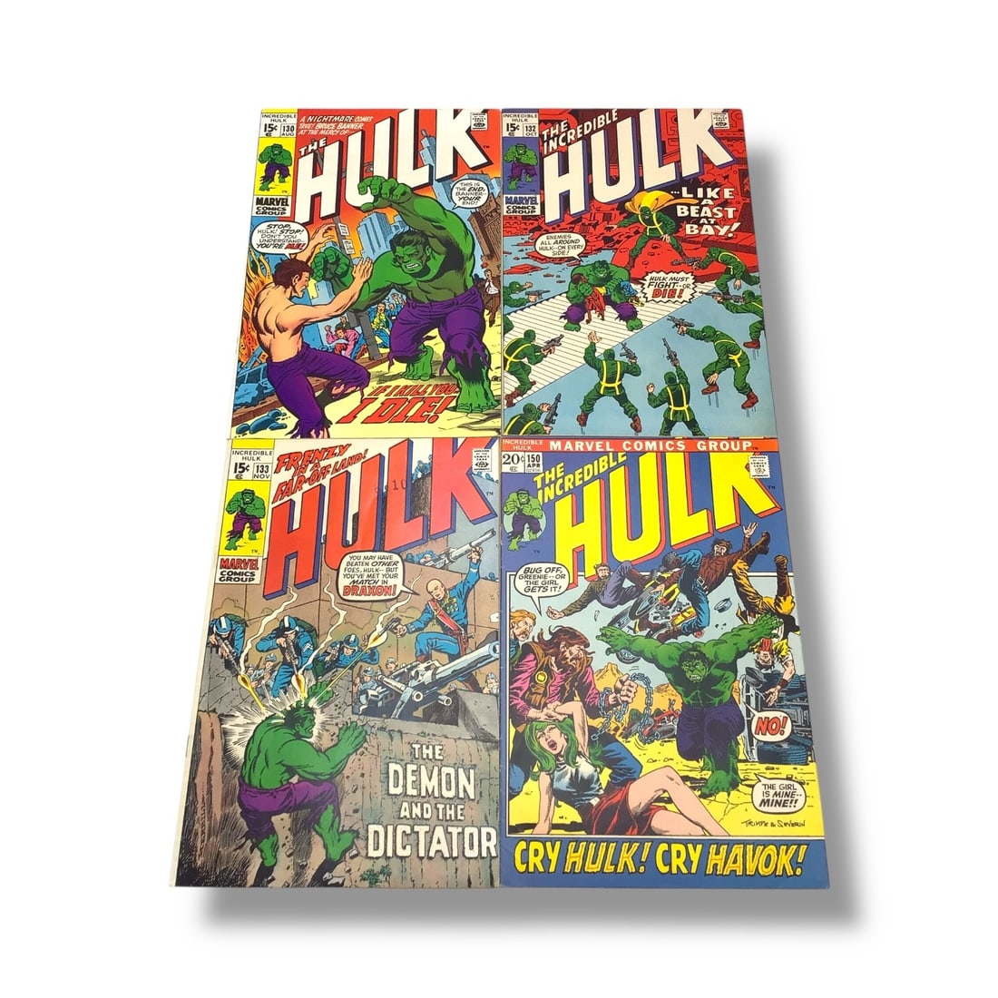Incredible Hulk Raw Comic Book Collection (4 Issues): This four-issue lot of The Incredible Hulk delivers vintage Marvel power in classic form. Included are Issues #130 (Aug), #132 (Oct), #133 (Nov), and #50 (Apr). These early 1970s comics capture t