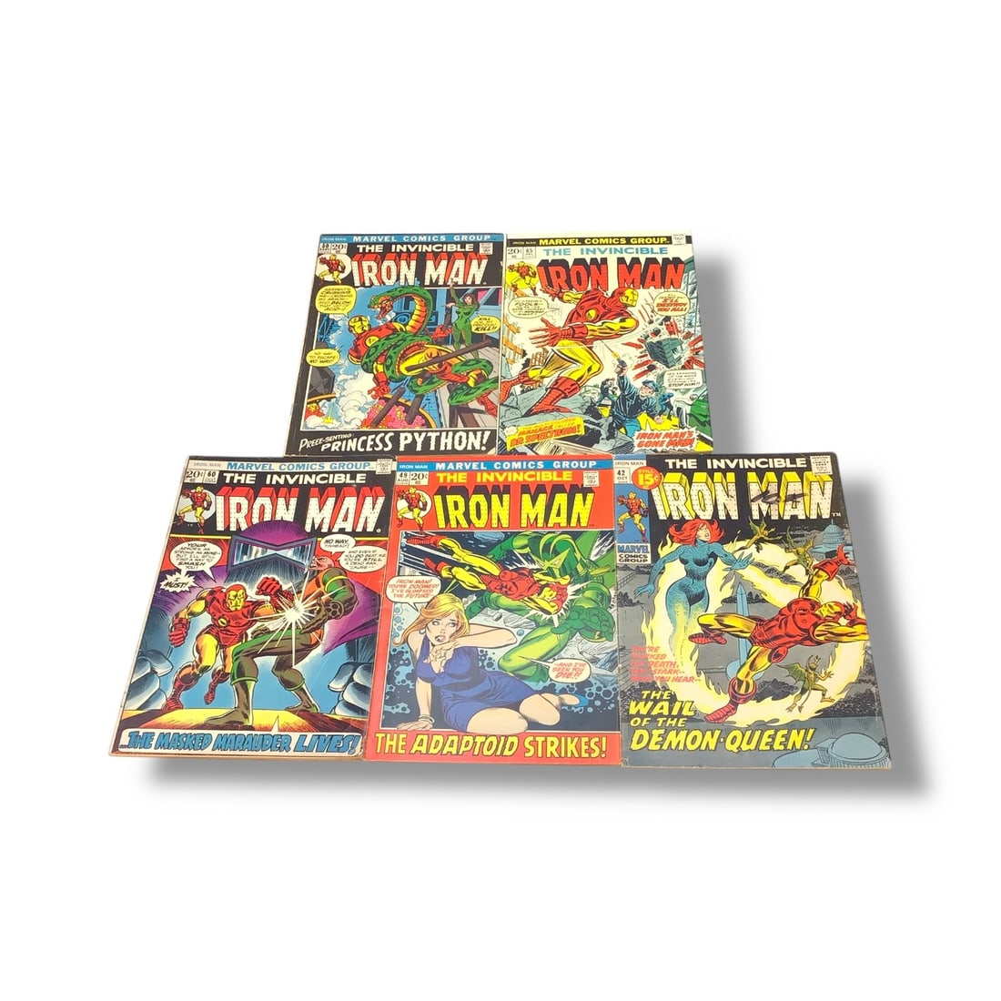 Vintage Iron Man Raw Comic Book Collection (6 Issues): A six-issue collection from the Invincible Iron Man series, featuring vintage issues from the late Silver to early Bronze Age. Included are Issues #42 (Oct), #49 (Aug), #50 (Sept), #60 (July), #and 65