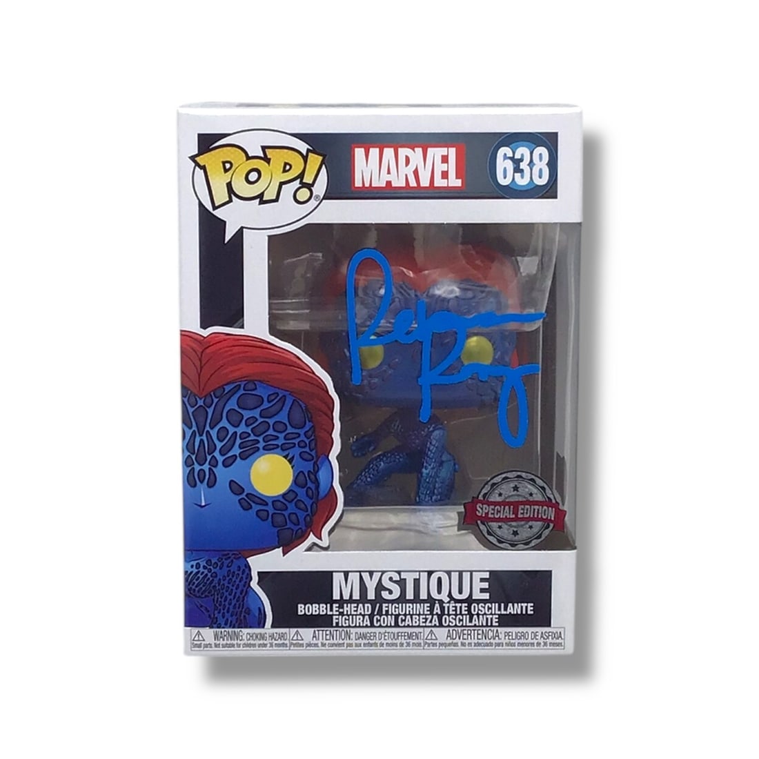Marvel (#638) Mystique Funko POP! | Signed by Rebecca Romijn (Beckett Certified): Add a striking piece to your Marvel collection with this Funko POP! Marvel #638 Mystique vinyl figure, personally signed by Rebecca Romijn, who portrayed the shapeshifting mutant in the original X-Men