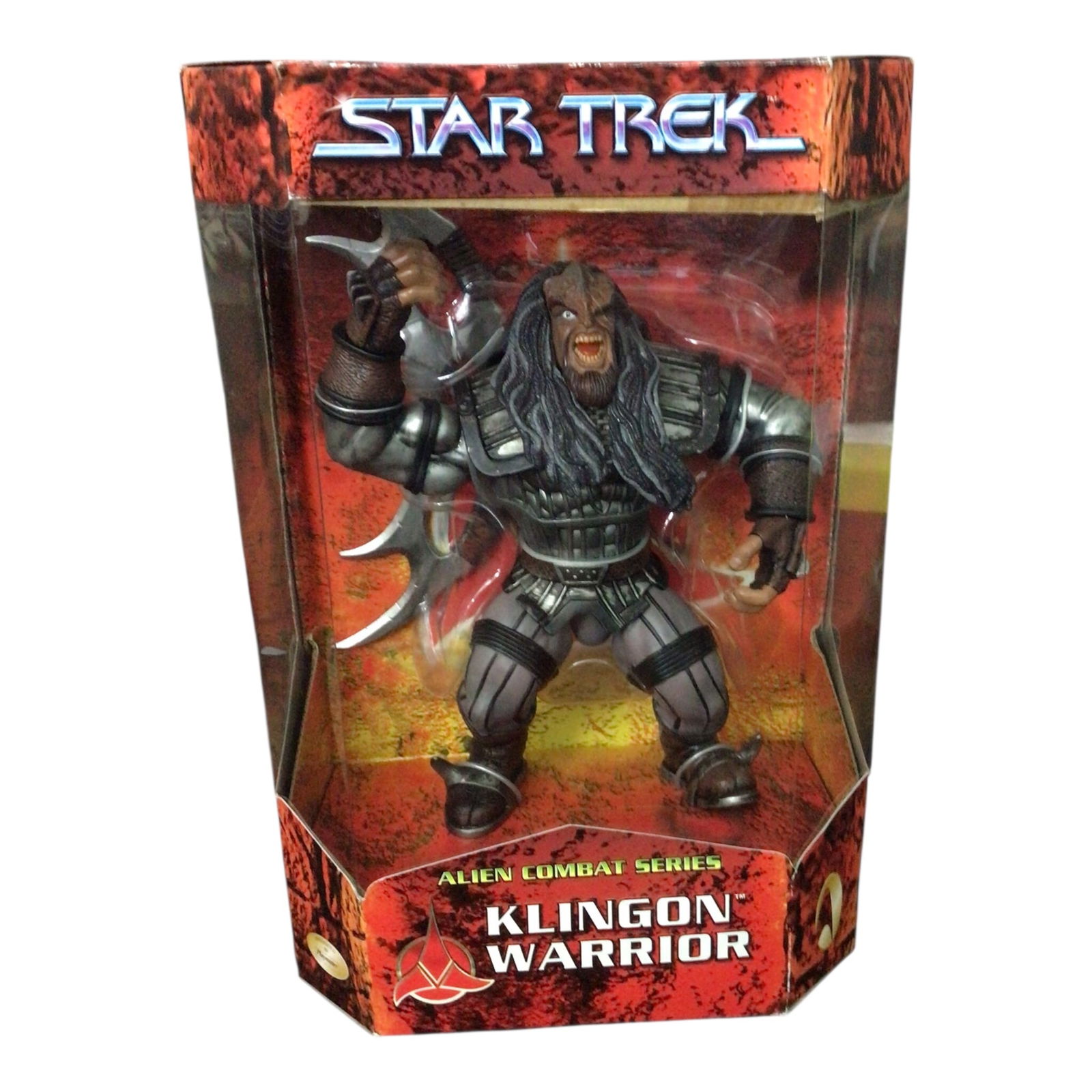 Star Trek Klingon Warrior Action Figure, New in Box: Unopened and in excellent condition, this Star Trek Klingon Warrior action figure hails from the Alien Combat Series line. Clad in full battle armor and packaged with original accessories, the figure