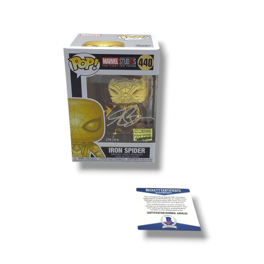 Limited Edition 09/99 Marvel Studios (#440) Iron Spider Funko | Signed by Eric Bauza (Beckett Cert): Swing into action with this limited edition Funko POP! Marvel Studios (#440) Iron Spider vinyl figure, personally signed by Eric Bauza. Numbered 09 out of only 99 ever produced, this exclusive collect