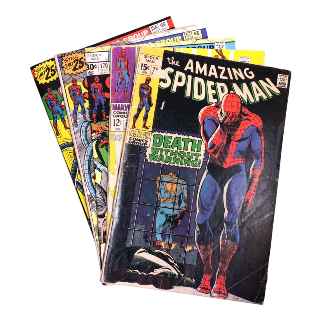 Amazing Spider-Man Raw Comic Book Lot (5 Issues): A vintage selection of five Amazing Spider-Man comic books, highlighting key issues from one of Marvel's most beloved and enduring series. This lot includes Issues #157, #158, #170, and two additional