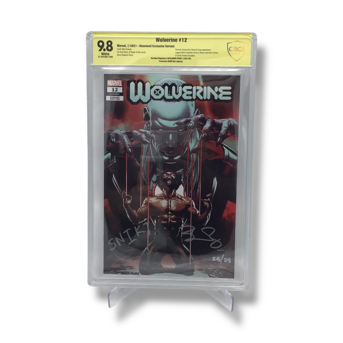 Wolverine #12 (Illuminati Exclusive Variant, July 2021) | CBCS 9.8 | Signed by Benjamin Percy: This rare Illuminati Exclusive Variant of Wolverine #12 features bold variant artwork and was released in July 2021 at the height of the Krakoan-era X-Men saga. This issue is preserved in CBCS 9.8 (Ne