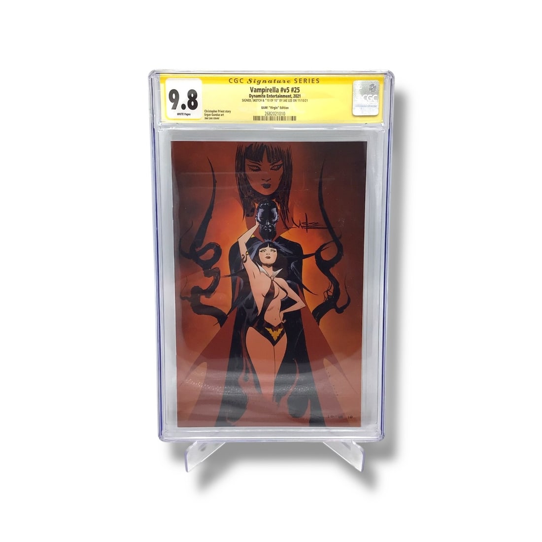 Vampirella #v5 #25 (BAM! Exclusive) - CGC 9.8 | Signed & Original Painted Sketch by Jae Lee: An extraordinary offering for fans of Vampirella and original comic art. This BAM! Exclusive edition of Vampirella #25 features not only Jae Lee's signature but also a hand-painted sketch directly on 