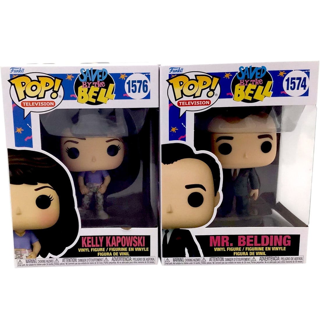 Funko Pop! Saved by the Bell - Kelly Kapowski & Mr. Belding: Funko Pop! Television series duo featuring Kelly Kapowski (1576) and Principal Mr. Belding (1574) from the iconic '90s sitcom Saved by the Bell. These nostalgic vinyl figures come factory-sealed in th