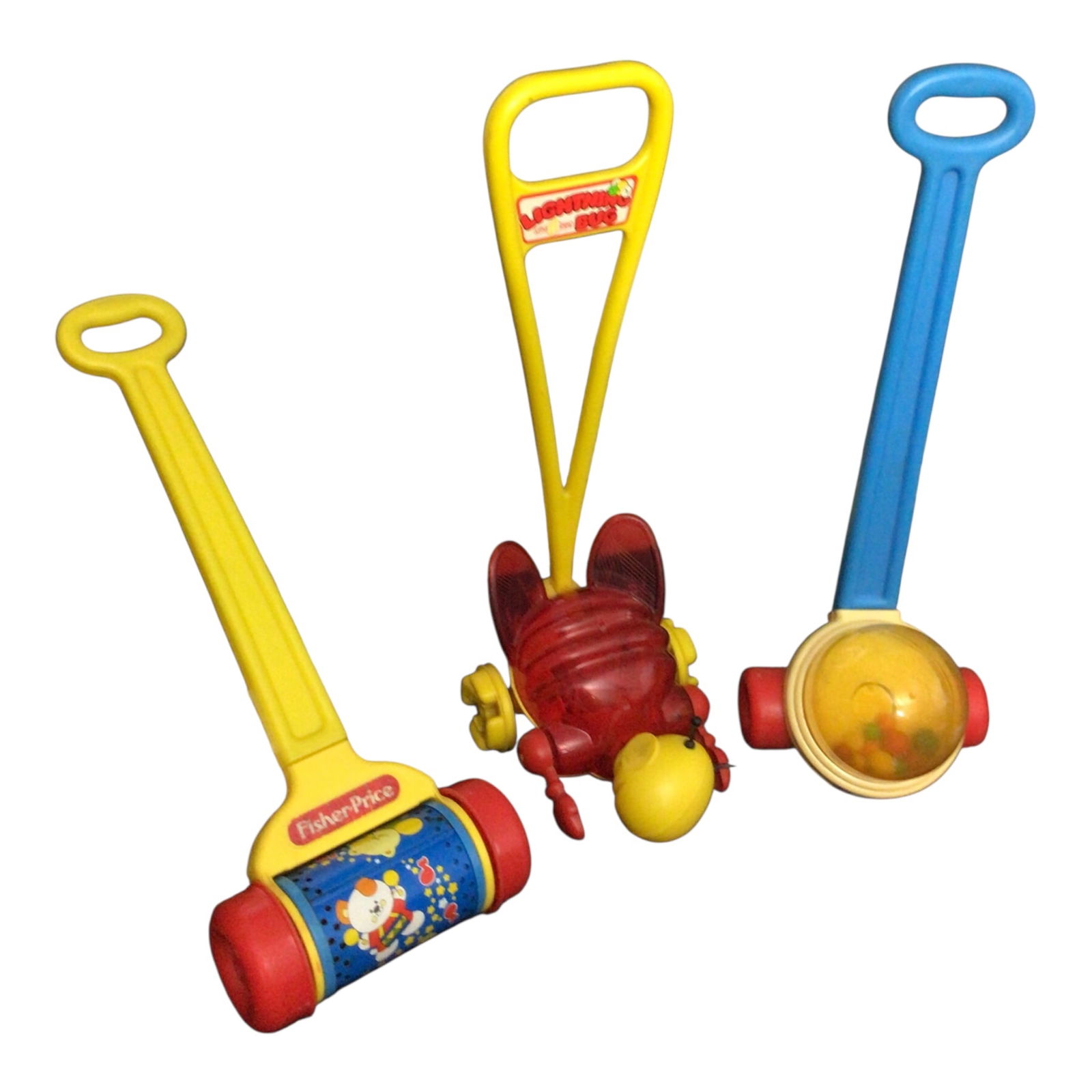 Lot of 3 Vintage Fisher-Price Push Toys - Classic 1960s-1980s Designs: This charming lot includes three Fisher-Price push toys that span multiple decades, each reflecting the playful spirit and innovative design that defined the brand's golden era. The Melody Push Chime